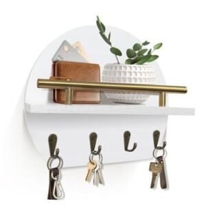 Key Holder Wall Mount Mail Organizer With Shelf & 4 Hooks, 11.02 In White