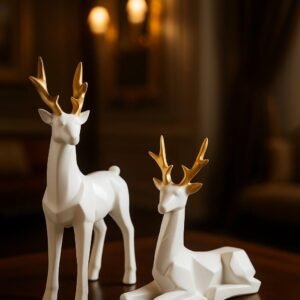 Modern White Deer Figurines | Gold Antler Decor Set