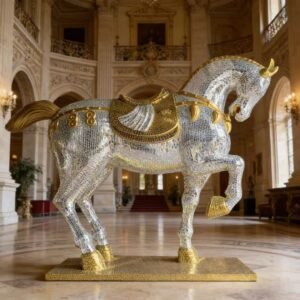 Large Mosaic Trotting Horse Statue with Gold Saddle